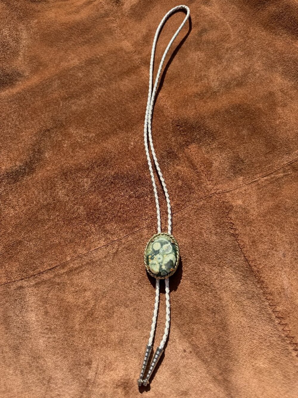 Western Bolo Tie Green Orbicular Stone Metal Rope Border NFR Cowgirl Style